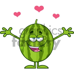 Royalty Free RF Clipart Illustration Happy Green Watermelon Fresh Fruit Cartoon Mascot Character With Hearts And Open Arms For Hugging Vector Illustration Isolated On White Background