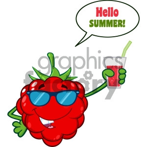 Raspberry Fruit Cartoon Mascot Character With Sunglasses Holding Up A Glass Of Juice With Speech Bubble And Text Hello Summer