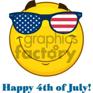 Royalty Free RF Clipart Illustration Smiling Patriotic Yellow Cartoon Emoji Face Character With USA Flag Sunglasses  Vector Illustration Isolated On White Background And Text
