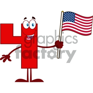 Royalty Free RF Clipart Illustration Happy Red Number Four Cartoon Mascot Character Waving An American Flag Vector Illustration Isolated On White Background
