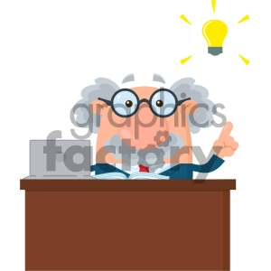 Professor Or Scientist Cartoon Character Behind Desk With A Big Idea Vector Illustration Flat Design Isolated On White Background