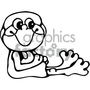 The image is a simple black and white line drawing or clipart of a cartoon frog. The frog is depicted in a sitting position with its legs stretched out to the side and a friendly, smiling face.