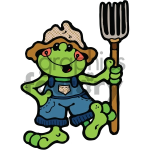 The clipart image displays a whimsical illustration of a frog. The frog is anthropomorphized, having human-like features such as standing on two feet. It is wearing a patterned farmer's hat, overalls, and is holding a garden fork. The frog has a friendly and cartoonish face with large eyes and a happy smile.