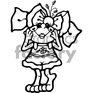 The image is a black and white clipart illustration of an anthropomorphized frog. The frog stands upright, has large eyes, and is wearing a skirt and a bow on its head, giving it a playful, human-like appearance.
