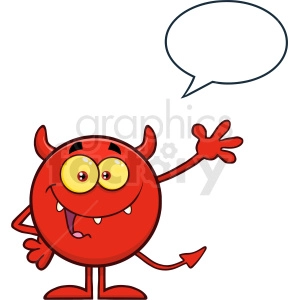 Happy Devil Cartoon Emoji Character Waving For Greeting With Speech Bubble Vector Illustration Isolated On White Background