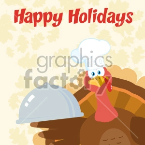 Turkey Chef Cartoon Mascot Character Peeking From A Corner And Holding A Cloche Platter Vector Illustration Flat Design Over Background With Autumn Leaves Happy Holidays