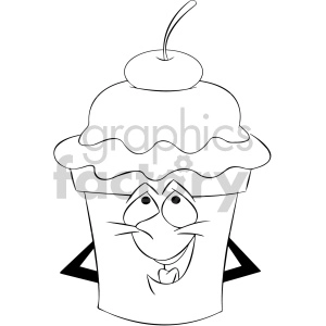 black and white cartoon ice cream mascot character with a cherry on top