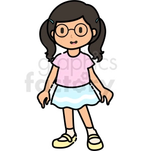 The clipart image shows a cartoon girl with brown hair, wearing a pink shirt and blue shorts. She is smiling and standing with her arms at her sides. It appears to depict a young female child or kid.
