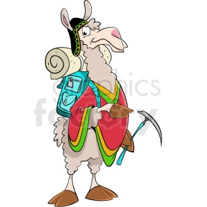 The clipart image shows a cartoon llama hiking. The llama is depicted with a backpack on its back and pickaxe in its hands, suggesting that it is going on a hiking trip. The background features mountains and trees, further emphasizing the outdoorsy nature of the scene.
