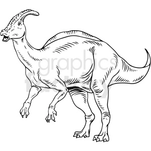 The clipart image depicts a dinosaur that appears to resemble a Parasaurolophus, which is characterized by its long, backward-leaning, tube-like crest. The image is a black and white line drawing, showing the dinosaur in profile with its head turned slightly towards the viewer. The dinosaur has a large body, thick tail, and sturdy legs. It is in a walking stance, with one of the front limbs slightly raised as if in mid-step.