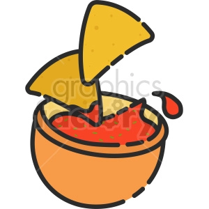 The clipart image shows an icon of a bowl of salsa with a spoon, and tortilla chips arranged around it. It represents the popular food combination of tortilla chips and salsa dip.
