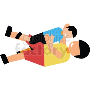 The clipart image depicts a cartoon father and son engaging in play wrestling. The father is shown on his back, while the son is positioned over him with one arm held out triumphantly. Both characters are smiling, suggesting that they are having fun in their playful interaction.

