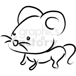 The clipart image displays a simple black and white line drawing of a mouse. It features large ears, a rounded body, a long tail, and a cute facial expression with whiskers.