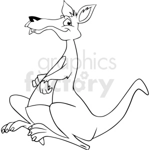 The image is a black and white line art drawing of a kangaroo. The kangaroo is depicted in a dynamic pose with its large tail resting on the ground and its powerful hind legs stretched out. It appears to be smiling or in mid-motion, adding a playful or animated characteristic to the image.