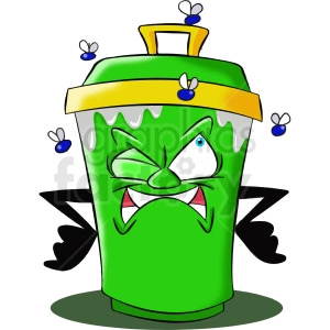 The clipart image depicts a cartoon trash can character that is mad about the presence of flies. The trash can appears to be emitting a stinky odor and has a frown on its face while waving its arms in frustration towards the pesky flies buzzing around it.
