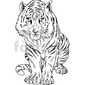 This clipart image features a black and white line art illustration of a tiger. The tiger is sitting and facing forward, with its head slightly turned towards the viewer. The illustration shows detailed stripes, eyes, whiskers, paws, and fur texture, common characteristics of a tiger's appearance.