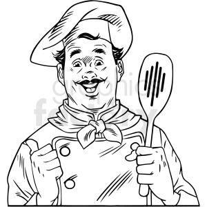 black white vintage chef holding spoon vector clipart