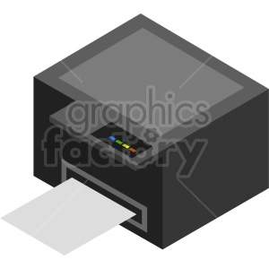 The clipart image shows an isometric view of a printer, which is a computer peripheral device used to produce physical copies of digital documents or images. The printer is depicted with a paper tray at the bottom, a printing mechanism in the middle, and a control panel or display screen on the top. It has a compact and modern design, with clean lines and a sleek finish. The isometric perspective provides a three-dimensional representation of the printer from multiple angles, allowing for a more detailed view of its shape and features.

