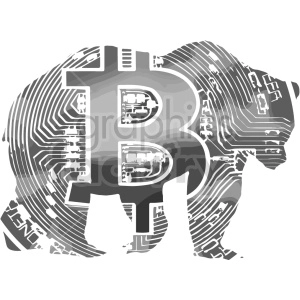 The clipart image shows a bear with a Bitcoin symbol on its body. The image is depicted in black and white, and the Bitcoin symbol represents the digital cryptocurrency that operates on a blockchain technology platform. The bear could be interpreted as a representation of a downward trend or bearish market sentiment regarding the price of Bitcoin.
