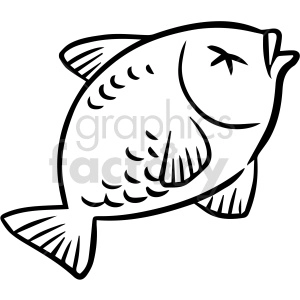 The clipart image shows a black and white illustration of a fish. The fish appears to be swimming in water and has fins, scales, and a tail. It could be interpreted as a depiction of a food item, specifically a type of fish that can be eaten.
