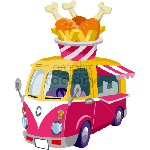 The clipart image depicts a cartoon-style food truck that appears to specialize in chicken-based dishes. The truck is designed with a yellow and orange color scheme, and features a large image of a chicken on the side.