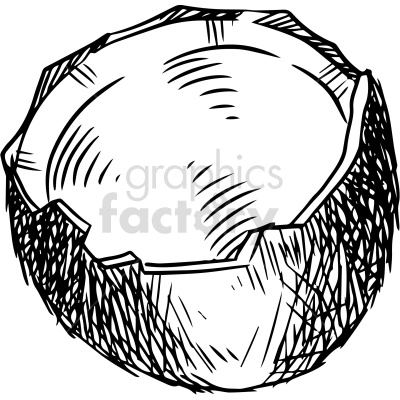 The clipart image shows a black and white illustration of a cracked coconut, which is a type of tropical fruit commonly used for food and drink. The coconut is depicted with its characteristic oval shape, fibrous outer layer, and a pointed top, with three distinctive indentations on the surface.
