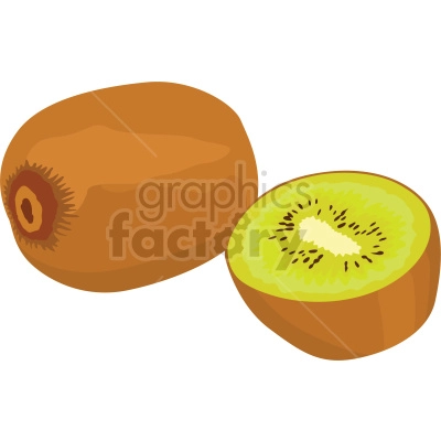 The clipart image shows a sliced kiwi fruit with its brown fuzzy skin on the outside and green flesh on the inside, revealing tiny black edible seeds in the center. The image is in vector format, meaning it can be scaled up or down without losing quality.
