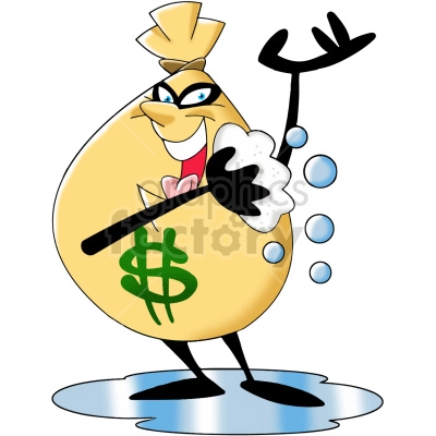 The clipart image shows a cartoon character of a money bag taking a bath surrounded by soap suds and holding a scrub brush. This is a humorous representation of the concept of 