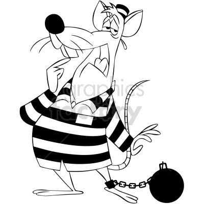 The clipart image shows a cartoon rat in jail. The rat is depicted in black and white and is standing behind bars, wearing a striped prison uniform. This image portrays the rat as being incarcerated or imprisoned, suggesting that it has been caught or punished for some wrongdoing.
