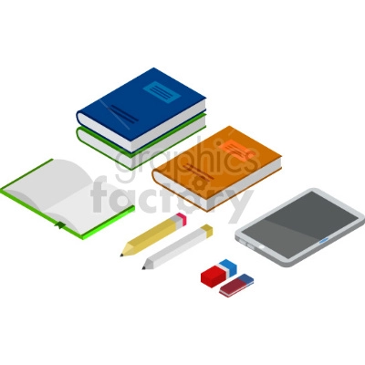 The clipart image depicts an open book viewed from an isometric perspective, with a stack of additional books behind it. The image suggests that the setting is a classroom or learning environment, as indicated by the presence of educational supplies and books in the background.
