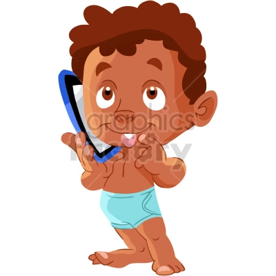baby black boy talking on phone cartoon vector