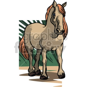 The image shows a stylized clipart illustration of a horse. The horse is standing and facing towards the viewer with its head turned slightly to the right. It has a tan coat, a darker mane, and dark hooves. The horse's eyes are blue, and it has a serene expression. In the background, there are green abstract shapes that suggest foliage or grass, adding context to the illustration as the horse standing in a natural environment.