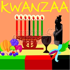 The clipart image depicts elements associated with the celebration of Kwanzaa. There is a kinara (candle holder) with seven candles: three red, one black, and three green, representing the seven principles of Kwanzaa. Additionally, there are fruits and nuts, which symbolize the harvest, a unity cup, and a statue that may represent African art or heritage. The background contains the word KWANZAA in bold yellow letters and is set against a warm-toned backdrop.