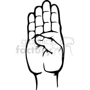 The clipart image depicts a hand gesture representing the letter B in the American Sign Language (ASL) alphabet. It's a black-and-white illustration, and the hand is shown in a profile view with the palm facing the viewer and the thumb placed over the palm.