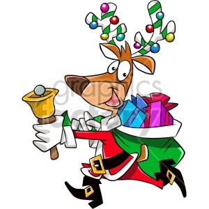 cartoon reindeer dressed like santa running with bag of gifts