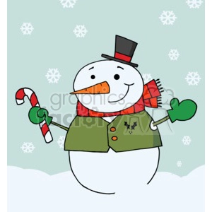 A snowman in a top hat ,vest  and mitten holding a red and white candy cane