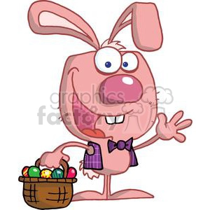 A Happy Easter Bunny In A purple Vest and Bow Tie with Basket of Eggs