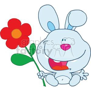 The clipart image depicts a cheerful cartoon character resembling a blue rabbit. The rabbit has prominent, round ears, wide eyes, and an open, smiling mouth revealing its tongue. It holds a red flower with a yellow center and green leaves and stem with both hands, as if presenting or admiring it.