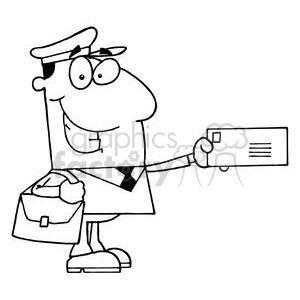 The clipart image features a cartoony character depicted as a mail carrier or postman. The character is standing on two legs with a happy expression, carrying a bag over its shoulder, presumably for mail, and presenting an envelope or letter with one hand. The character is also wearing a cap, typically associated with uniformed postal workers.