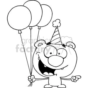 Happy bear wearing a birthday hat holding 3 three balloons