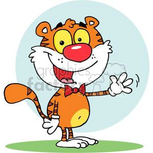 The clipart image shows a cartoon character resembling a funny, friendly orange tiger. The tiger has a big smile, round yellow eyes, and a prominent red nose. It's wearing a red bow tie and white gloves, and it is standing on its hind legs, waving with one hand, with a cheerful expression. The background features a soft blue circular backdrop and a small patch of green, perhaps suggesting grass.
