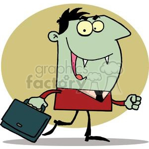 The image is a cartoon illustration of a greenish character wearing a red garment that resembles a shirt and tie, with a briefcase in one hand. The character has one tooth visible, a big eye, and spiky black hair, giving it a goofy appearance.