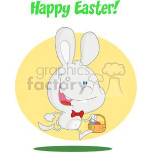 Happy Bunny Running with Easter Eggs In a Basket and Text in Green Happy Eater!