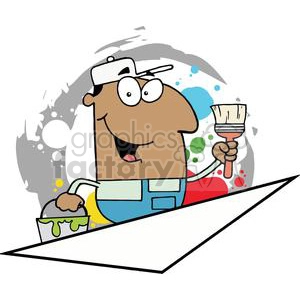 The clipart image depicts a cartoon of a humorous-looking painter. The painter is holding a paintbrush in one hand and a dripping paint bucket in the other. The character is wearing a cap, overalls, and a happy expression. In the background, there are splashes and splotches of paint, indicating the messiness of the painting process. The line on which the painter is standing suggests he may be on a platform or edge.