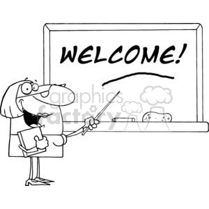 Women School Teacher With A Pointer Displayed On Chalk Board Text Welcome!