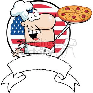 Chef Holds Up Pizza In Front Of Flag Of USA Banner