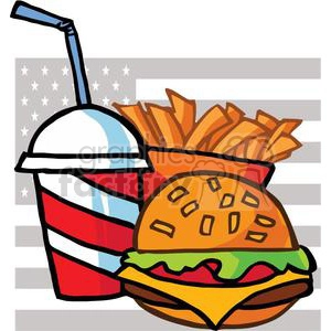 Cheeseburger Drink And French Fries In Front Of A USA Flag