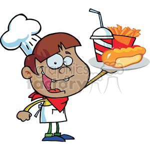 Fast Food African American Boy Chef Holding Up Hot Dog Drink And French Fries On A Platter