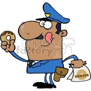 Happy African American Cop Eating A Donut While Clutching A Bag Of Doughnuts