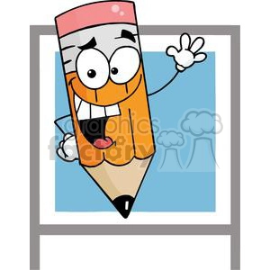 The clipart image shows a cartoon pencil with anthropomorphic features. It has a face with expressive eyes, eyebrows, and a mouth displaying a funny, cheerful grin. The pencil is raising one of its 'hands' in a friendly gesture, as if waving or saying hello.
